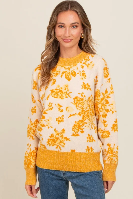 Lightweight Women Sweater for Spring and FallYellow Floral Crew Neck Sweater