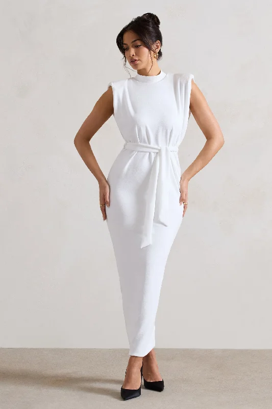 Mermaid - Style Women Dress with a Fitted Silhouette for Special OccasionsAbbie | White High-Neck Maxi Dress With Tie Waist