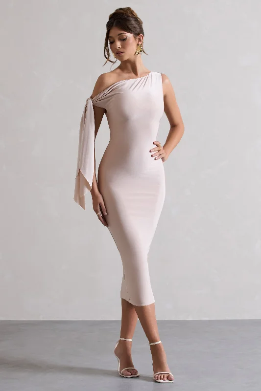 Pleated Women Dress with a Timeless and Elegant TextureAdapt | Champagne Asymmetric Midi Dress With Tie Sleeve