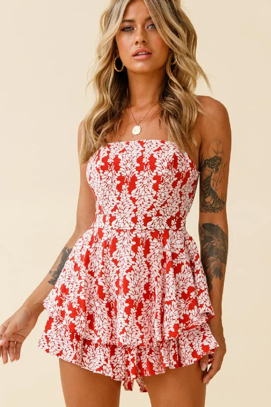 Empire Waist Women Dress to Accentuate the Bust and Conceal the WaistAlexandria Square Neckline Tie Back Romper Floral Print Red