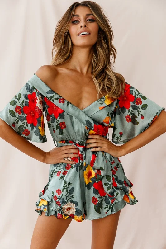 Off - the - Shoulder Women Dress for a Romantic and Feminine LookAmbrosia Off-Shoulder Floral Romper Sage