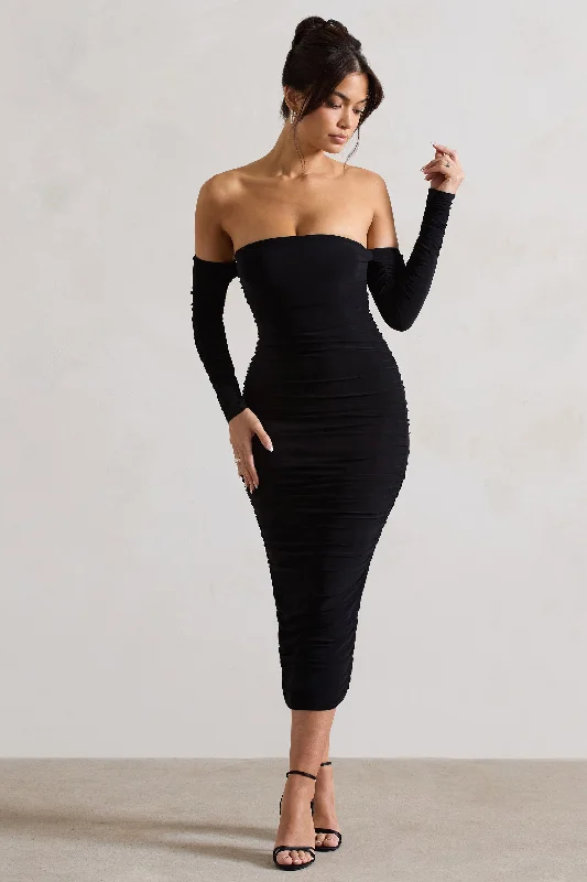 Shift Women Dress with a Simple and Classic Design for Everyday WearAnissa | Black Ruched Bardot Midi Dress