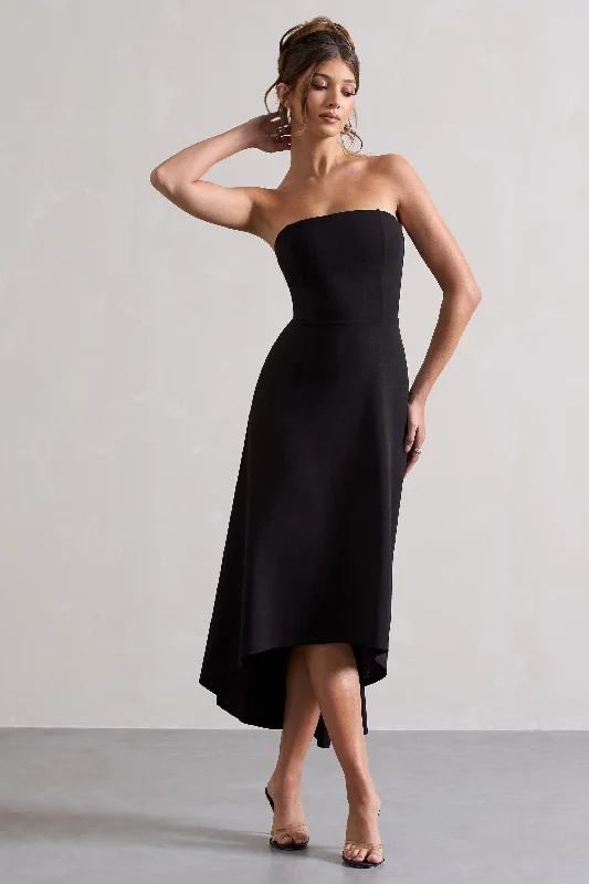 Sheath Women Dress with a Tailored Fit for a Professional LookAriela | Black Bandeau High-Low Midi Dress