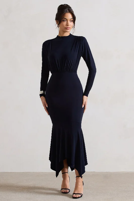 Lace - Embellished Women Dress for an Elegant and Sophisticated AppearanceCarla | Navy High-Neck Maxi Dress With Draped Hem