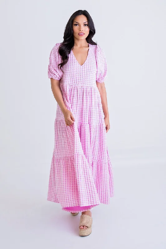 Shift Women Dress with a Simple and Classic Design for Everyday WearCheck Plaid Puff Sleeve Maxi Dress