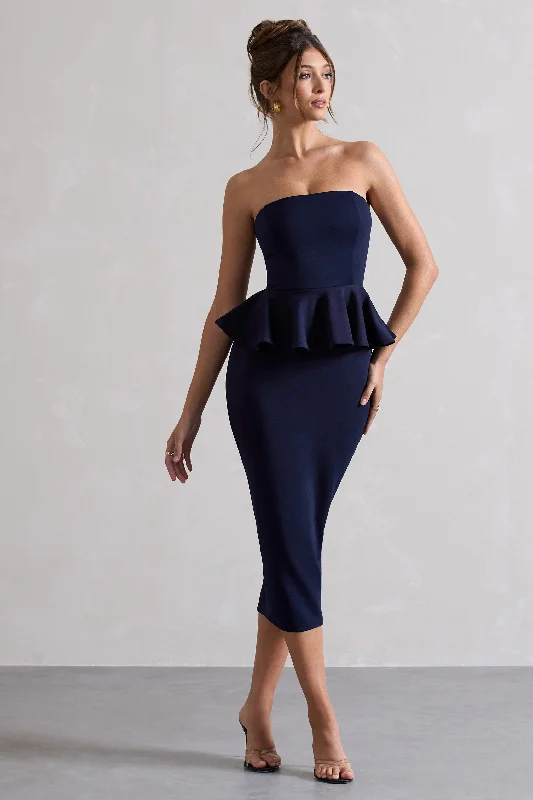 Plus Size Women Dress with a Flattering A - Line Cut for Comfort and StyleChicago | Navy Bodycon Bandeau Midi Dress With Peplum Detail