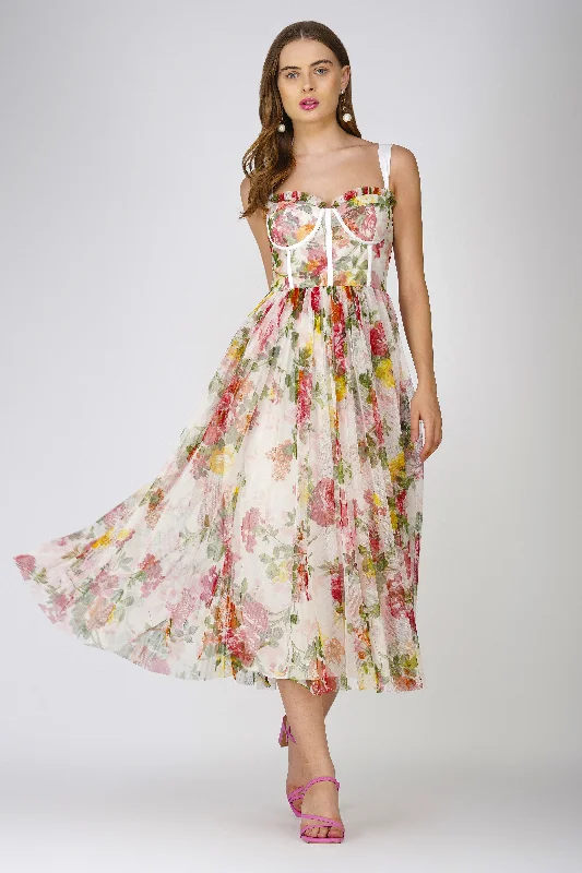 Printed Abstract Women Dress for a Modern and Artistic AppealDane Floral Tulle Corset Midi Dress