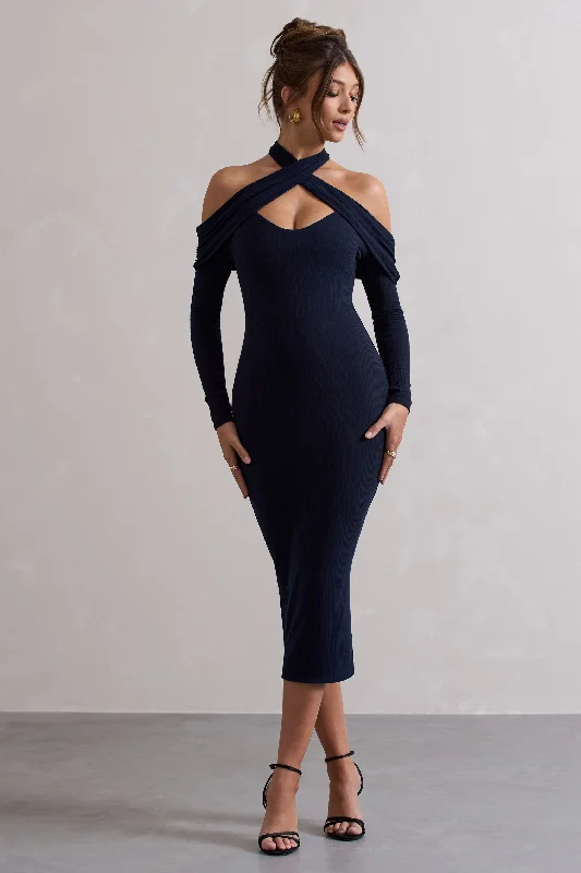 Little Black Women Dress with Sequins for a Glamorous Night OutDuet | Navy Rib Knit Halter-Neck Midi Dress With Cut-Out