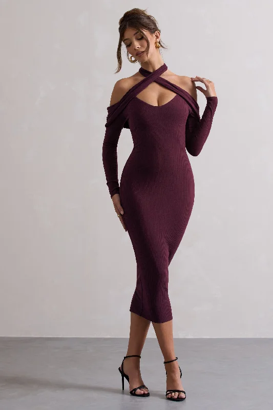 Long - Sleeve Women Dress in Velvet for a Luxurious Winter LookDuet | Plum Rib Knit Halter-Neck Midi Dress With Cut-Out