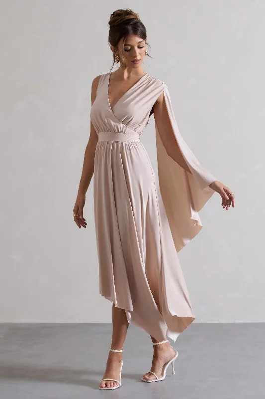 Mermaid - Style Women Dress with a Fitted Silhouette for Special OccasionsFable | Champagne Plunge-Neck Maxi Dress With Cape Sleeve