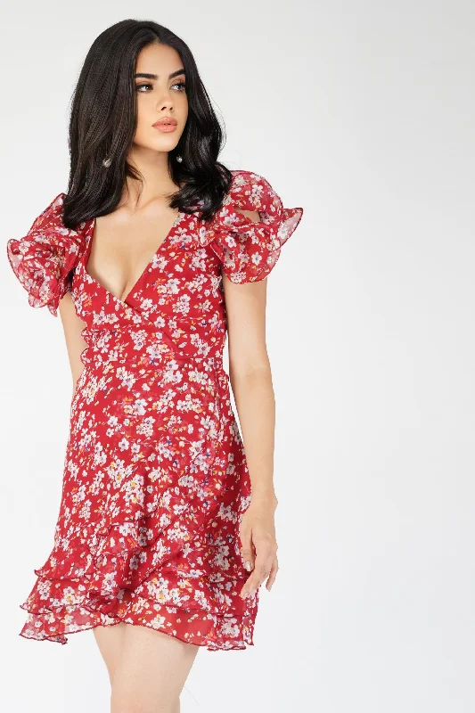 Strapless Women Dress with a Built - in Bra for Comfort and SupportFairy Printed Red Mini Dress