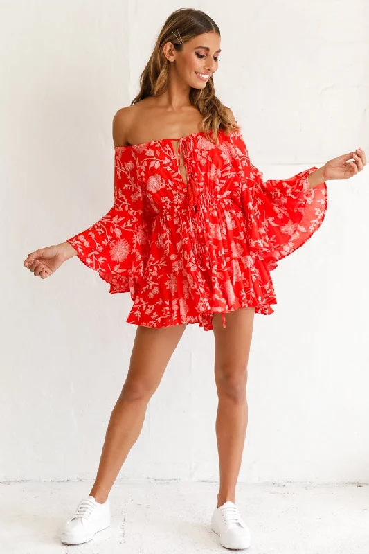 Ruffled Women Dress with Multiple Layers for a Playful and Girly StyleFiona Drawstring Floral Romper Red