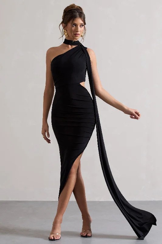 Plus Size Women Dress with a Flattering A - Line Cut for Comfort and StyleIcon | Black One Shoulder Cut-Out Maxi Dress With Scarf