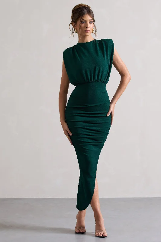 Wrap - Style Women Dress with Adjustable Fit for All Body TypesJennifer | Bottle Green Sleeveless Maxi Dress With Asymmetric Hem