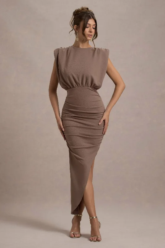 Pleated Women Dress with a Timeless and Elegant TextureJennifer | Mocha Sleeveless Maxi Dress With Asymmetric Hem