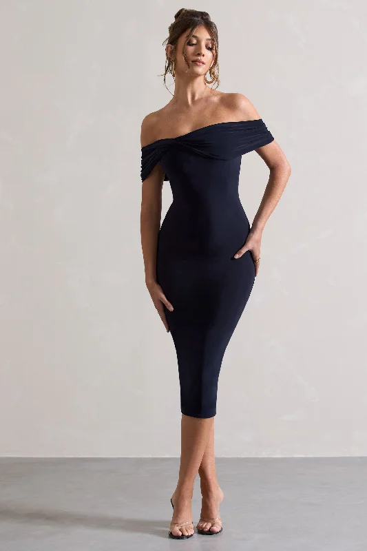 Lace - Embellished Women Dress for an Elegant and Sophisticated AppearanceKeely | Navy Bodycon Twisted Bardot Midi Dress