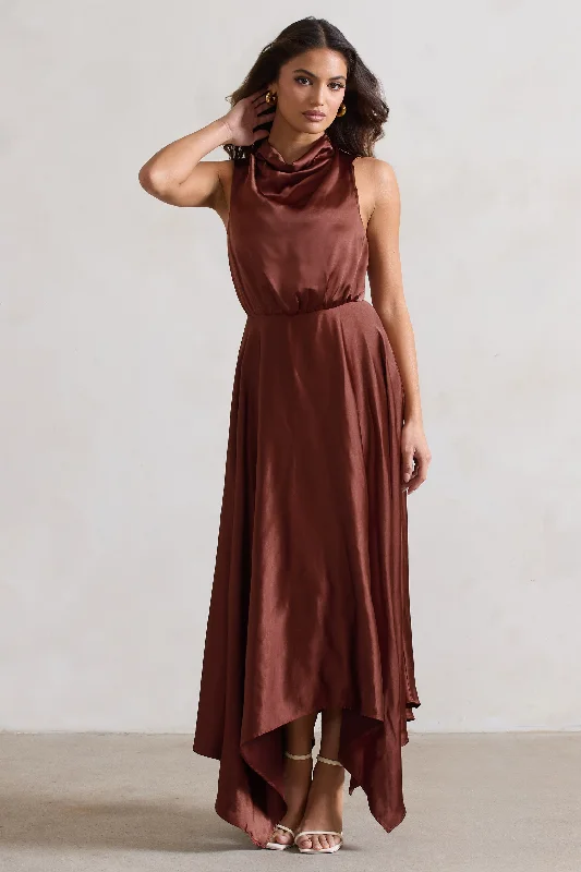 Little Black Women Dress with Sequins for a Glamorous Night OutKerri | Chocolate Brown Satin Cowl-Neck Maxi Dress