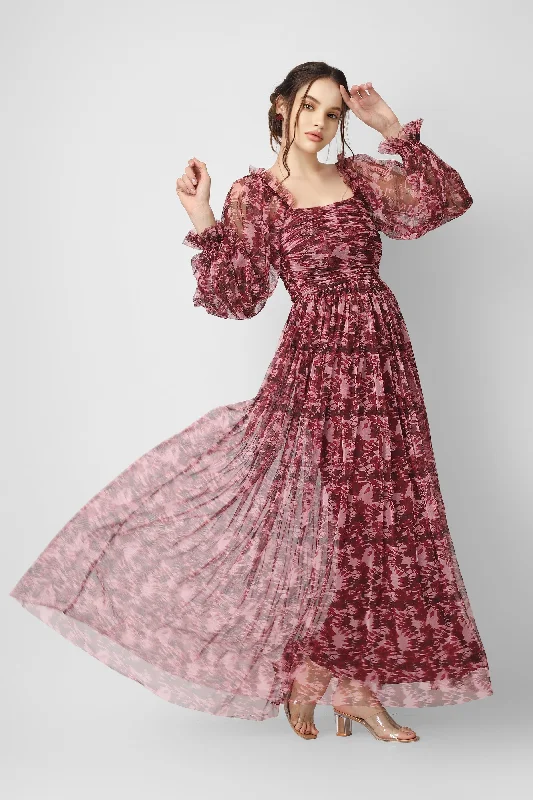 Lace - Embellished Women Dress for an Elegant and Sophisticated AppearanceLana Burgundy Printed Tulle Dress