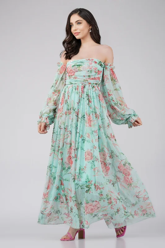 Strapless Women Dress with a Built - in Bra for Comfort and SupportLana Chiffon Printed Dress in Green