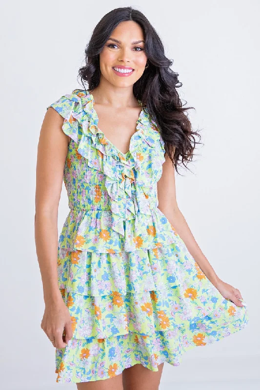 Halter Neck Women Dress to Show Off the Shoulders and NecklineLime Floral Vneck Tier Dress