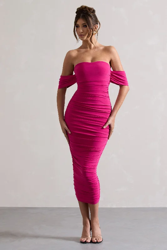 Ruffled Women Dress with Multiple Layers for a Playful and Girly StyleLost For Words | Pink Bardot Ruched Draped Midi Dress