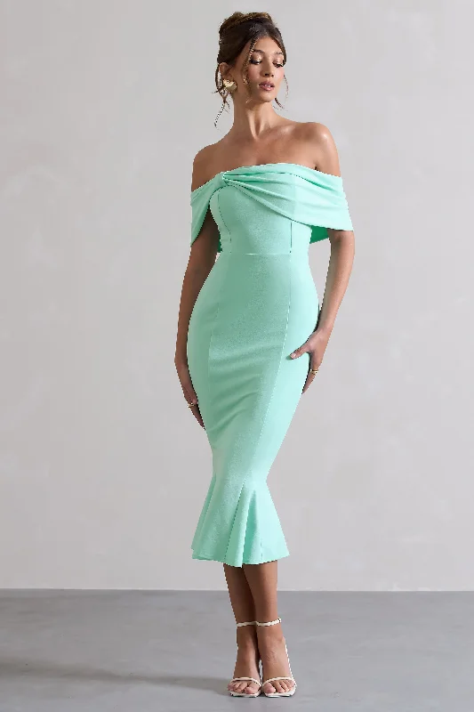 Strapless Women Dress with a Built - in Bra for Comfort and SupportLydia | Mint Bardot Bow Detail Midi Dress