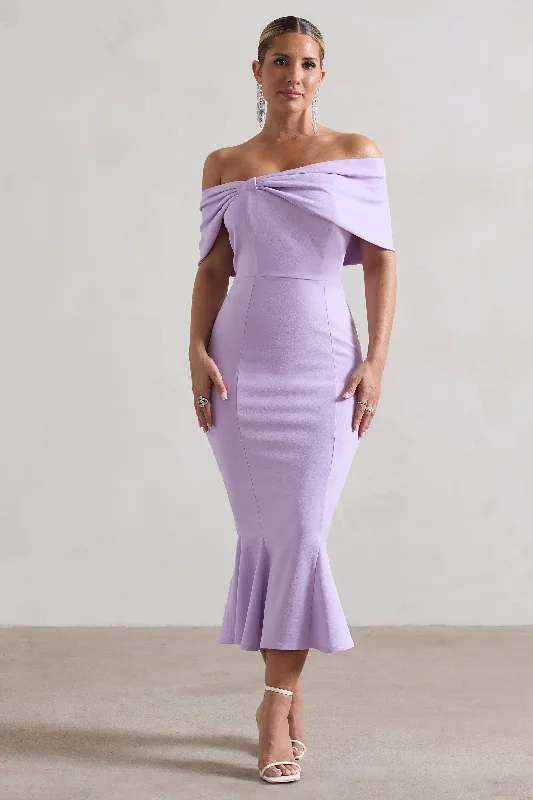 Sheath Women Dress with a Tailored Fit for a Professional LookLydia | Pastel Lilac Bardot Bow Detail Midi Dress