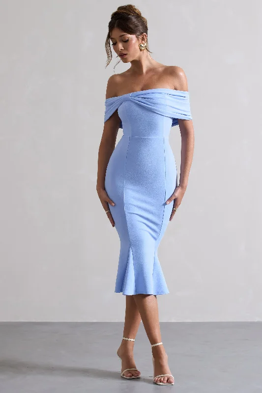 Plus Size Women Dress with a Flattering A - Line Cut for Comfort and StyleLydia | Sky Blue Bardot Bow Detail Midi Dress