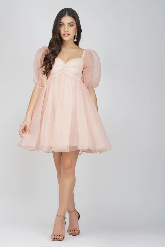 Sheath Women Dress with a Tailored Fit for a Professional LookMelanie Pink Puff Sleeve Dress