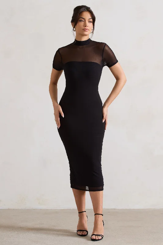 Strapless Women Dress with a Built - in Bra for Comfort and SupportMelinda | Black High-Neck Short Sleeve Midi Dress