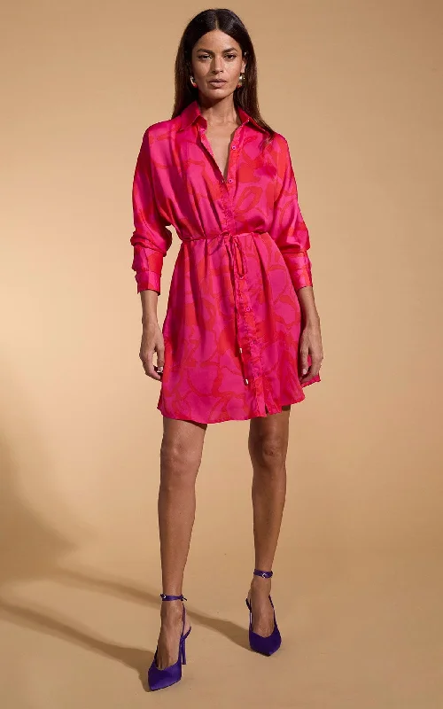 Ruffled Women Dress with Multiple Layers for a Playful and Girly StyleMelody Mini Shirt Dress in Red on Pink Abstract Floral