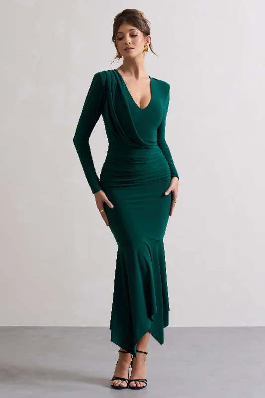 Halter Neck Women Dress to Show Off the Shoulders and NecklineMilena | Bottle Green Plunge-Neck Maxi Dress With Draped Hem