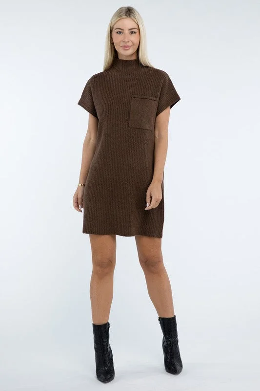 Empire Waist Women Dress to Accentuate the Bust and Conceal the WaistMock Neck Short Sleeve Sweater Dress