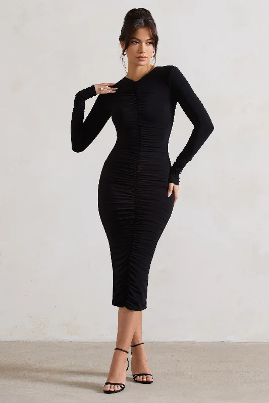 Backless Women Dress for a Sexy and Alluring Look at Evening EventsMonique | Black Ruched Bodycon Midi Dress