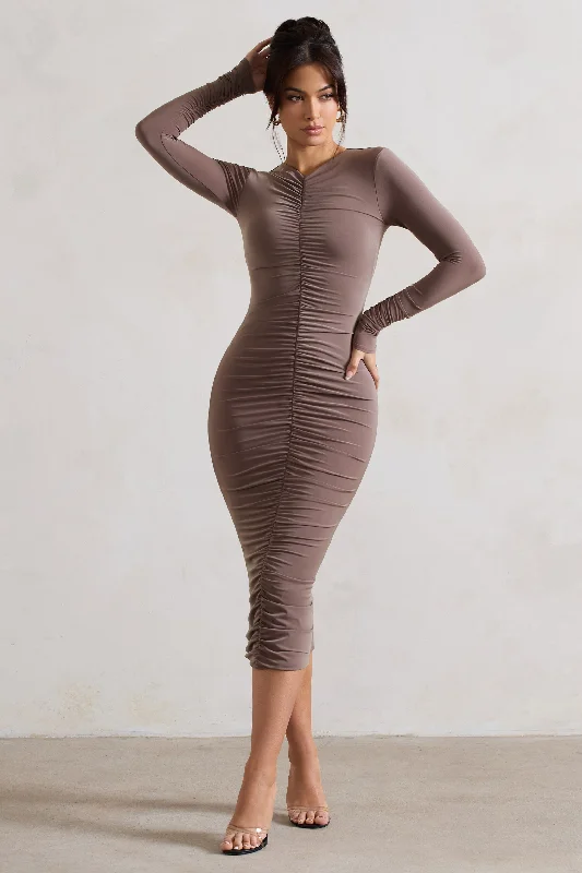 Plus Size Women Dress with a Flattering A - Line Cut for Comfort and StyleMonique | Mocha Ruched Bodycon Midi Dress