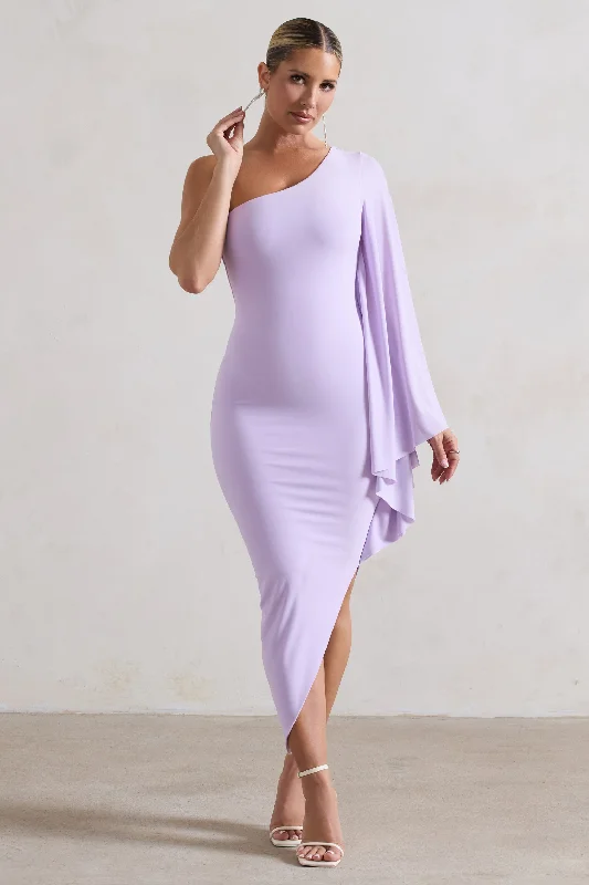 Sleeveless Women Dress in Bright Colors for Summer PartiesMy Level | Lilac Asymmetric One Shoulder Cape Sleeve Midi Dress