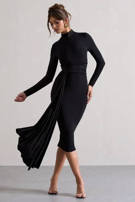 Mini Women Dress with a Short Hem for a Young and Trendy StyleNikita | Black High-Neck Midi Dress With Drape