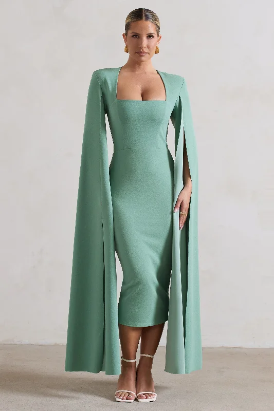 Ruffled Women Dress with Multiple Layers for a Playful and Girly StyleNo Replacement | Sage Green Square-Neck Cape-Sleeve Midi Dress