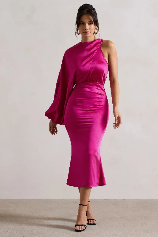 Halter Neck Women Dress to Show Off the Shoulders and NecklineNola | Dark Pink Satin One-Sleeve Midi Dress