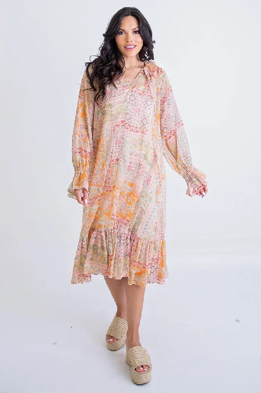 Plus Size Women Dress with a Flattering A - Line Cut for Comfort and StylePaisley Chiffon Ruffle Midi Dress