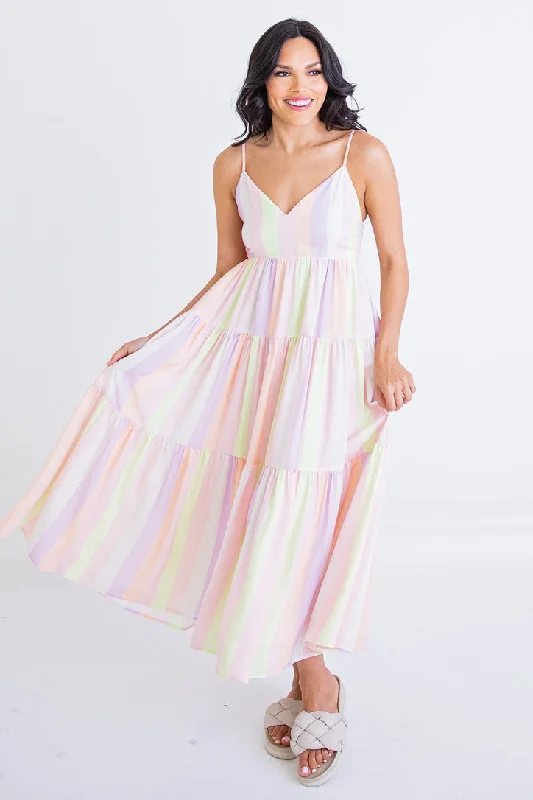 Backless Women Dress for a Sexy and Alluring Look at Evening EventsPastel Stripe Tier Maxi Dress