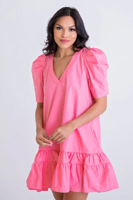 Ball Gown Women Dress with a Full Skirt for a Princess - like LookPink Poplin Vneck Puff Sleeve Dress