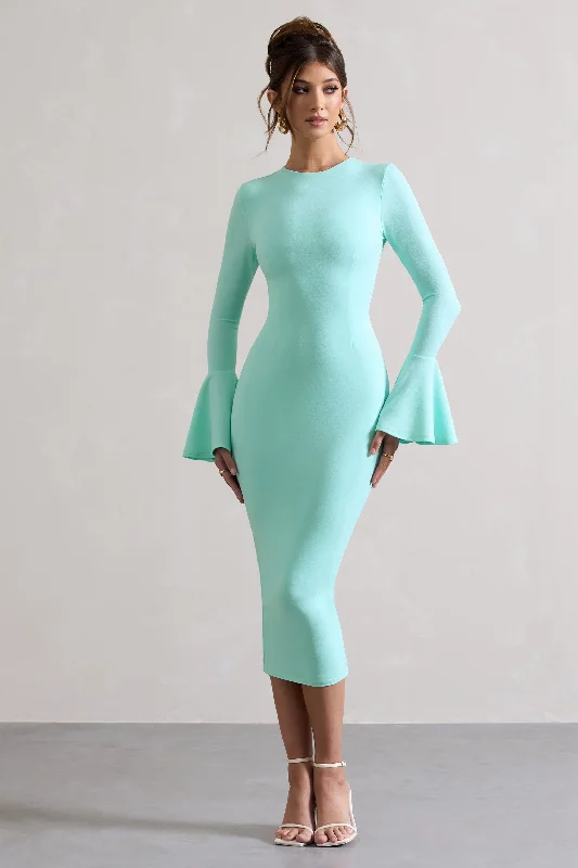 Halter Neck Women Dress to Show Off the Shoulders and NecklineRhyanne | Mint Bodycon Flared-Sleeve Midi Dress