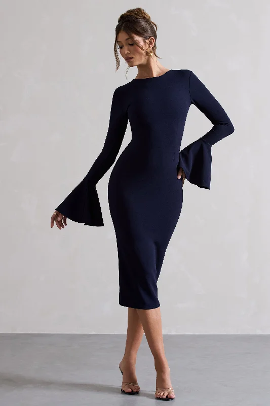 Plus Size Women Dress with a Flattering A - Line Cut for Comfort and StyleRhyanne | Navy Bodycon Flared-Sleeve Midi Dress