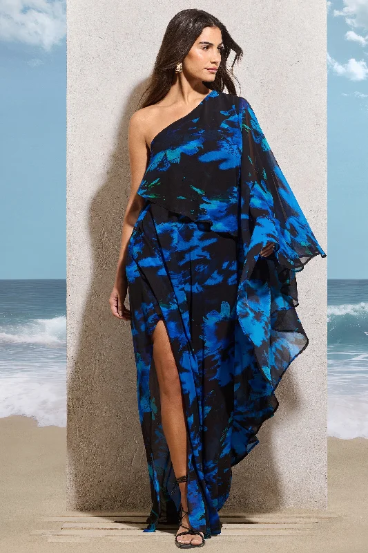 Pleated Women Dress with a Timeless and Elegant TextureRipple | Navy Floral Print Chiffon Oversized Asymmetric Maxi Dress