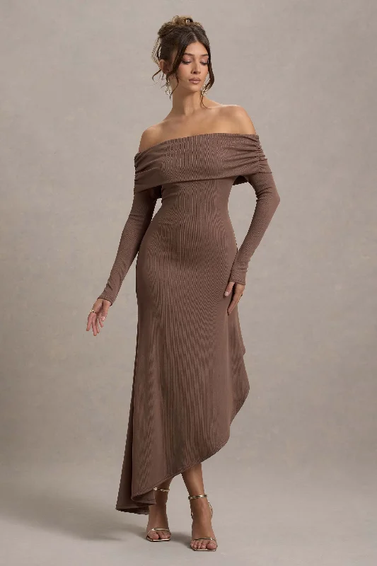 Shift Women Dress with a Simple and Classic Design for Everyday WearRomina | Mocha Rib Knit Bardot Maxi Dress With Asymmetric Hem