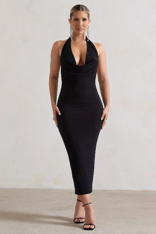 Pleated Women Dress with a Timeless and Elegant TextureRoulette | Black Cowl-Neck Midi Dress