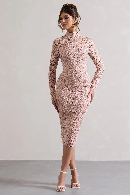 Long - Sleeve Women Dress in Velvet for a Luxurious Winter LookRumour | Blush Pink Lace High-Neck Midi Dress