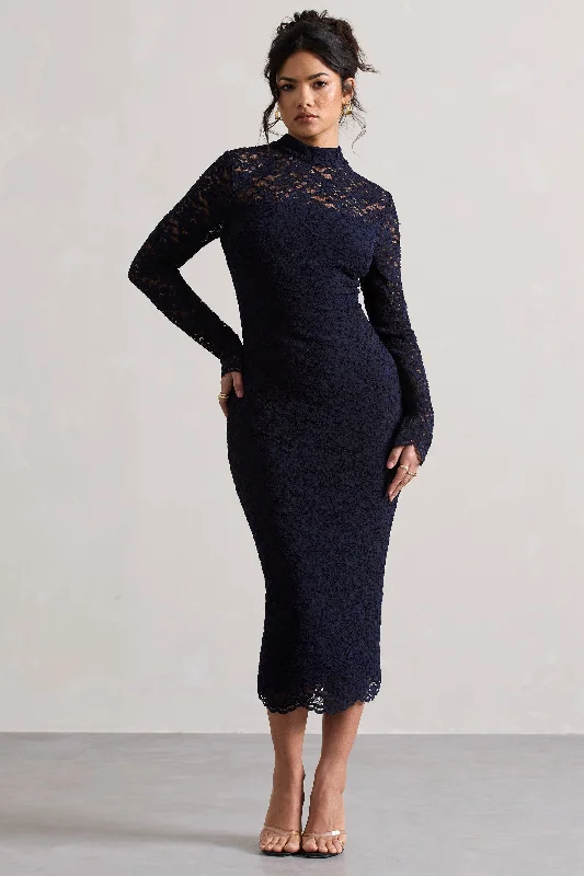 Pleated Women Dress with a Timeless and Elegant TextureRumour | Navy Lace High-Neck Midi Dress