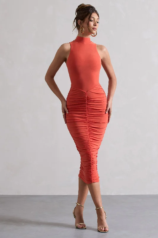 Shift Women Dress with a Simple and Classic Design for Everyday WearSidnie | Orange Ruched Bodycon High-Neck Midi Dress